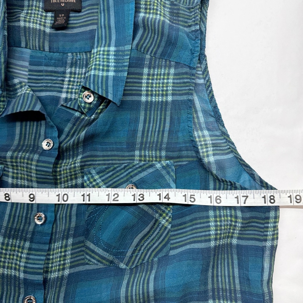 True Religion Womens Sleeveless Plaid Button Down Shirt Teal Green Small S/P - Picture 8 of 9